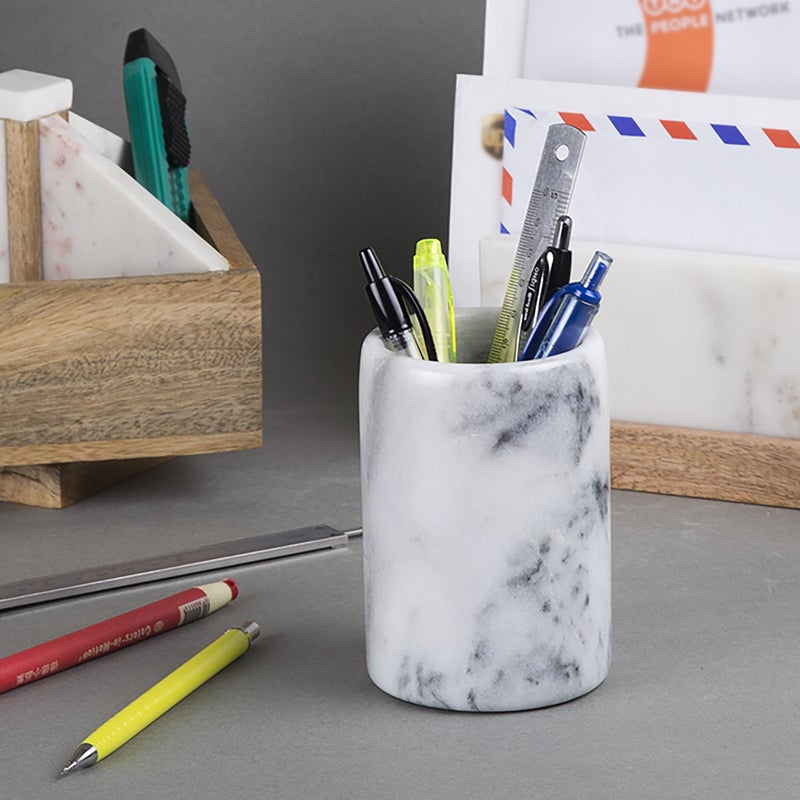Creative Home Solid Natural Marble Pen Holder â€“ Heavyweight Pencil Cup Organizer for Desk, Vanity, or Bathroom, 3.3" Diameter x 4.5" Height, Off-White with Unique Stone Patterns - Image 4